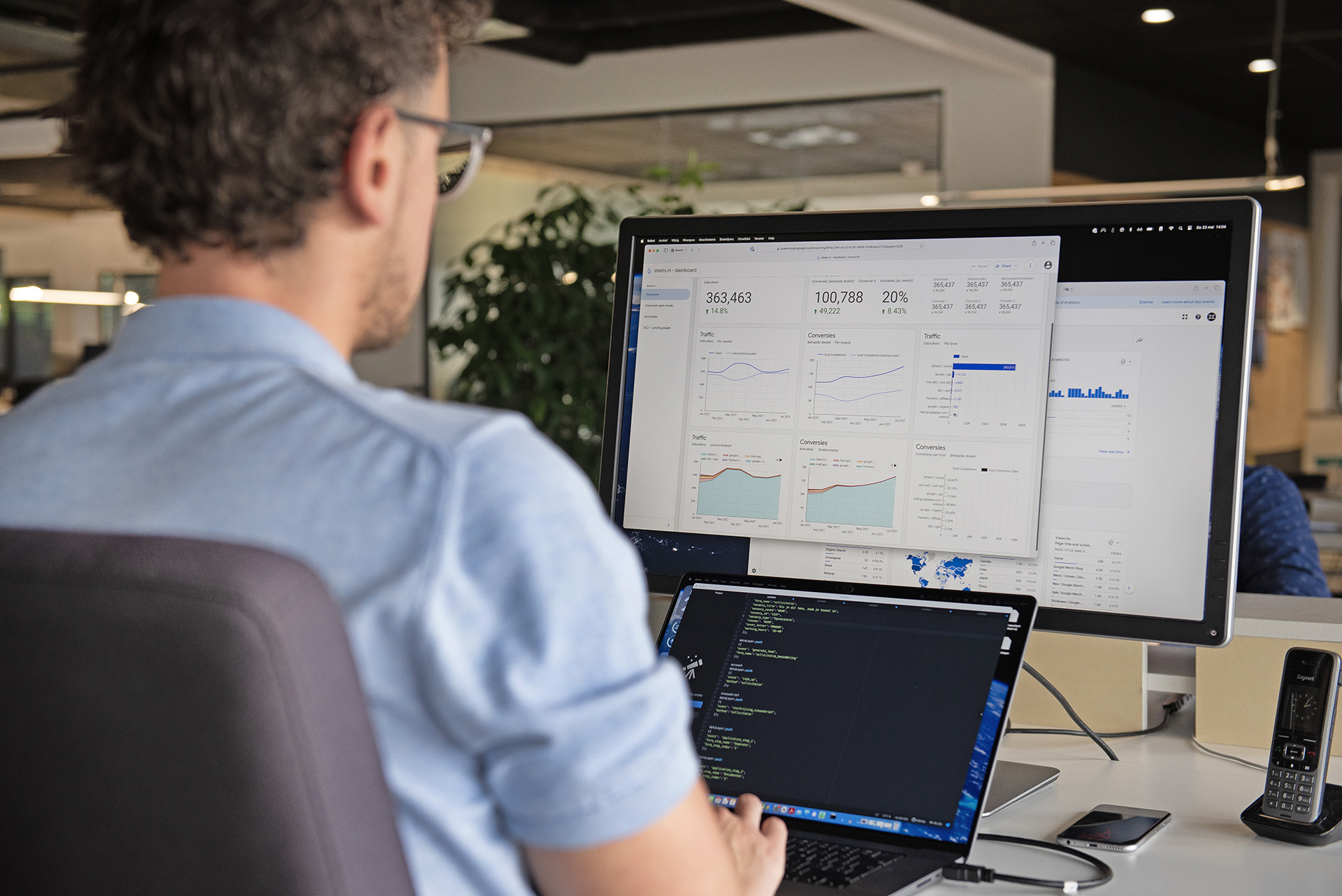 Man achter beeldscherm met cijfers van websitebezoekers